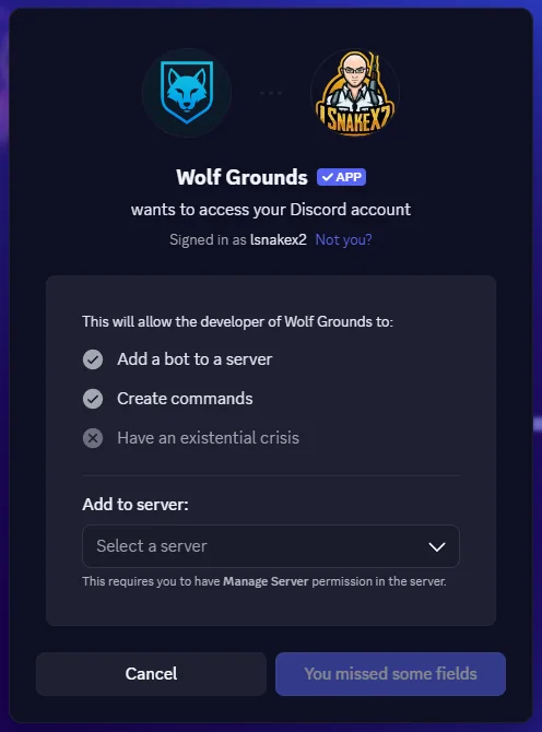 Discord's screen for adding Wolf Grounds: pick a server under Add to server