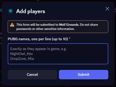 The Add players form: PUBG names, one per line, up to 10