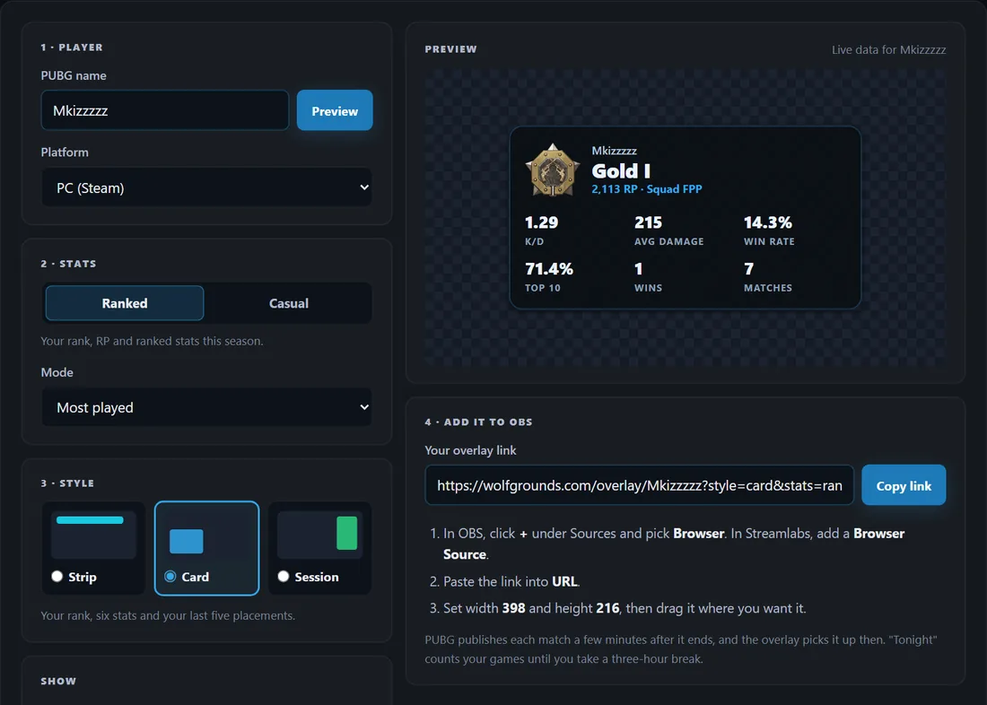 The stream overlay setup page with a player loaded and a live card preview