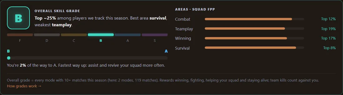 A Skill Grade card: grade B, top about 25%, with the four areas Combat, Teamplay, Winning and Survival