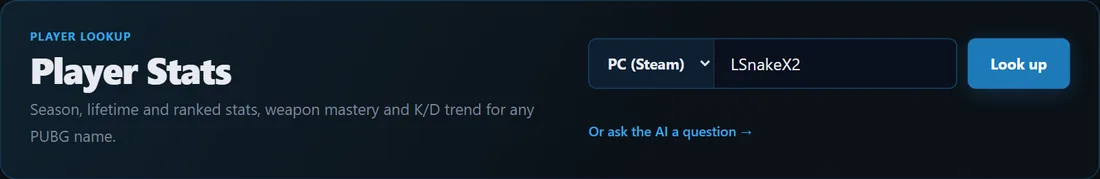 The Player Stats search box with the platform picker set to PC (Steam)